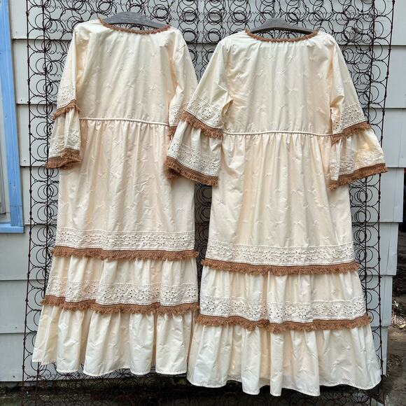 See And Be Seen Boho Eyelet Cotton Tassel Fringe Trim Midi Dress MEDIUM - Picture 8 of 8